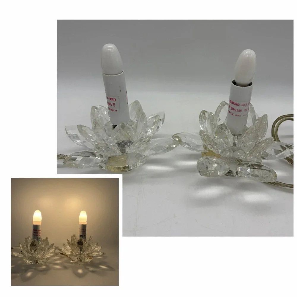 2 Vtg Fifth Avenue Crystal Lotus Flower Small Lamps Night Light 2 Settings Read!